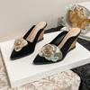 Fashion FHC New Camellia Flower Wedges Mules,Slides,Autumn High Heels Shoes,Close Pointed Toe Flock Slippers,34-40,Black,Dropship