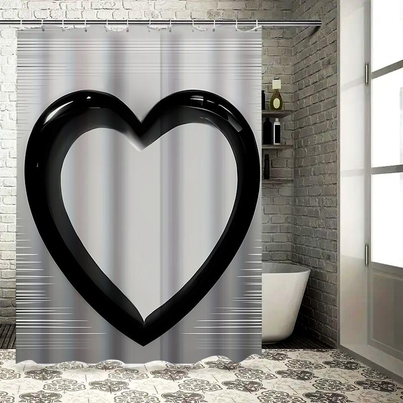 Stylish Monochrome Heart Shower Curtain - Waterproof, Mildew-Resistant, Machine Washable For Modern Bathroom Decor