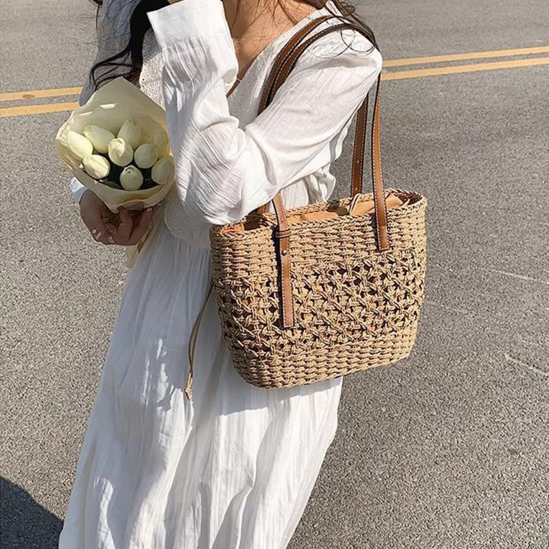 Boho Hohl Stroh Häkeln Tragetasche Damen PU Riemen Kordelzug Futter Strand Schultertasche
