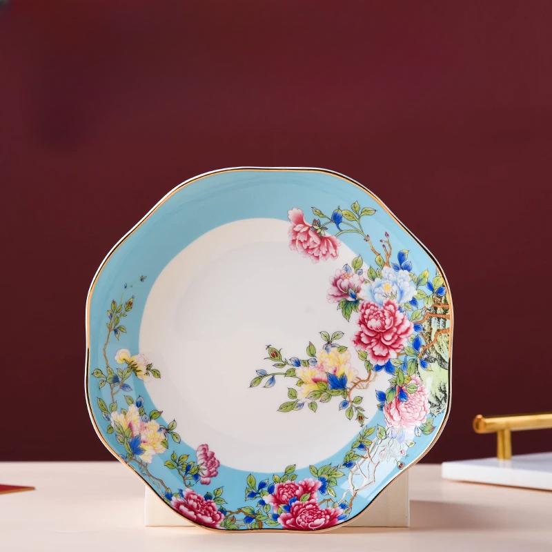 

Керамическая тарелка в форме пиона, бытовая, одинарная, высококлассная, с золотым покрытием, тарелка для овощей, глубокая тарелка, Цзиндэчжэнь, китайская посуда