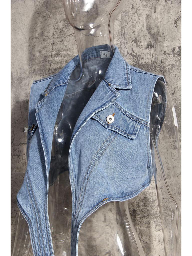 2024 Women's Two-Piece Fashion Set: Irregular Denim Vest with Puff Sleeve Shirt