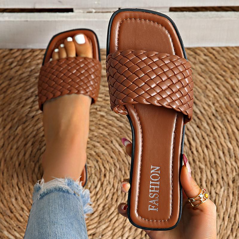 Mode Klassische Übergröße Gewebte Hausschuhe für Damen Sommer Eckige Zehenpartie Niedriger Absatz Pantoletten Sandalen Frau Outdoor PU-Leder Strand Zehensandalen
