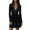 Women's Velvet Embroidered Floral Dress V,Neck Long Sleeve Lace Hem Evening Gown