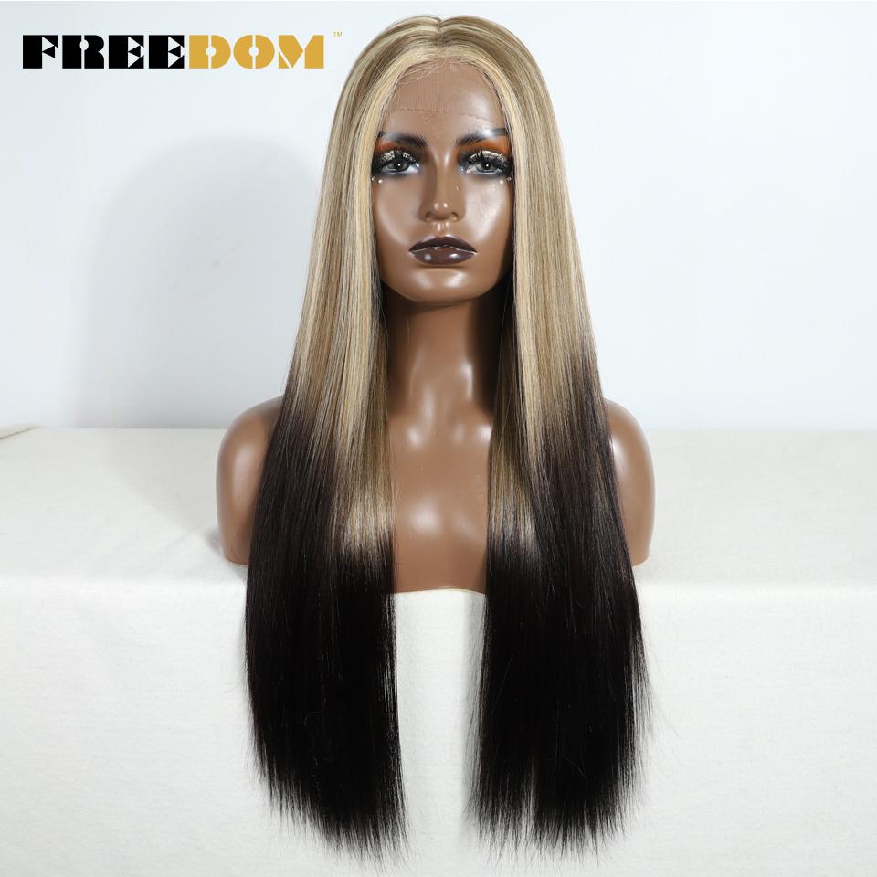 FREEDOM Long Straight Synthetic Lace Front Wigs For Women 30 Inch Ombre Blue Blonde Lace Wig Easy Wear Cosplay Wig