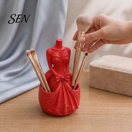 Decorative Dress Shaped Pen Stand 3D Printed Wedding Holder, Stationery Organizer with Dual Storage Artistic Table Decoration Slots for Pens