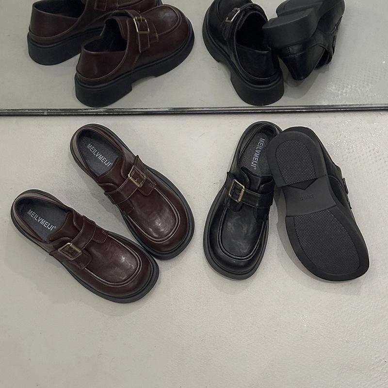 British Style Small Leather Shoes Women's 2025 Autumn New Thick-soled Thick-heeled Uniform Shoes Are Not Tired of Feet, One-word Buckle Loafers