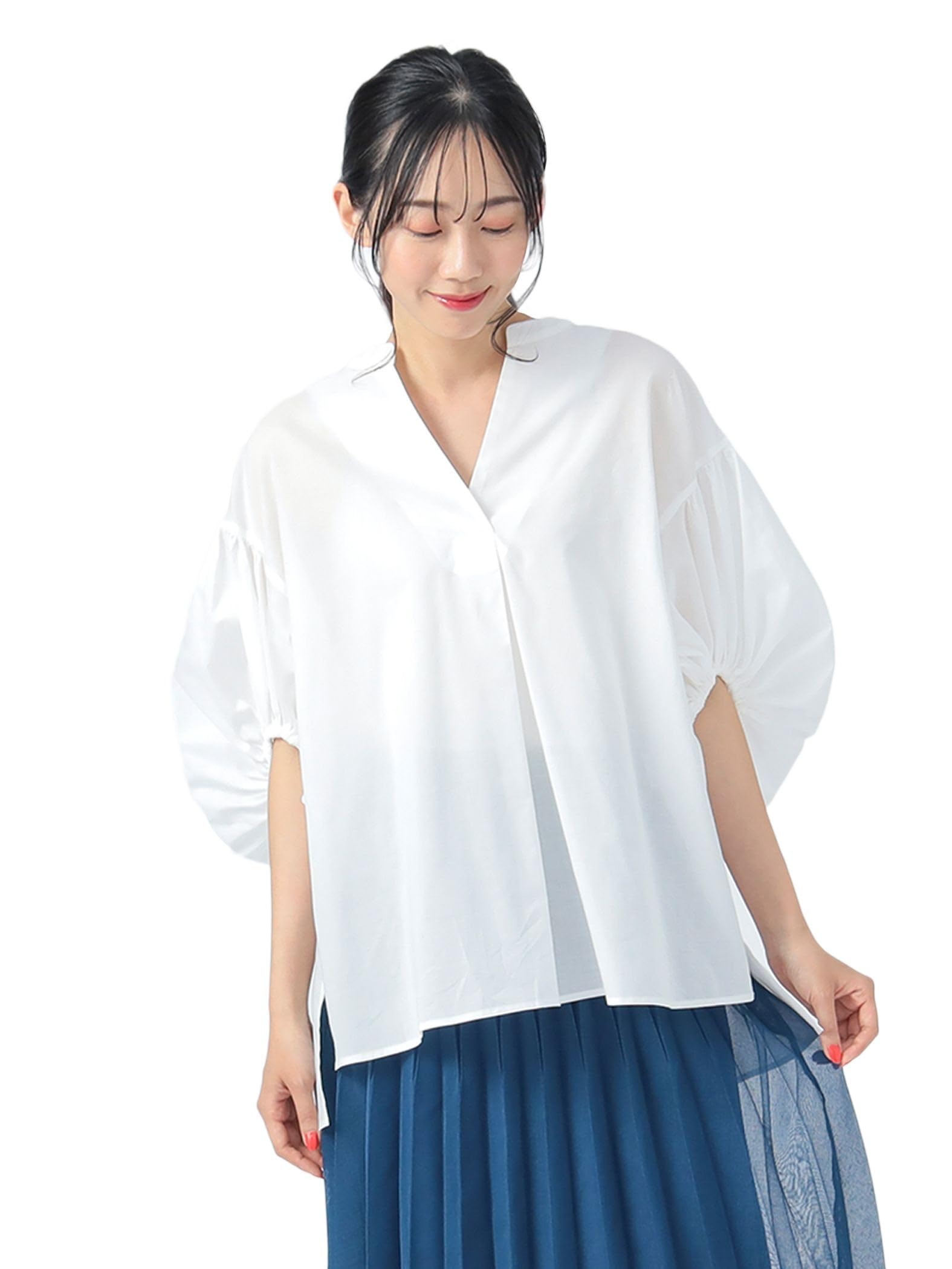 

Beams Heart Shirt with Gathered Sleeves and Skipper OFF One Size Women s S/S Top, WHITE,