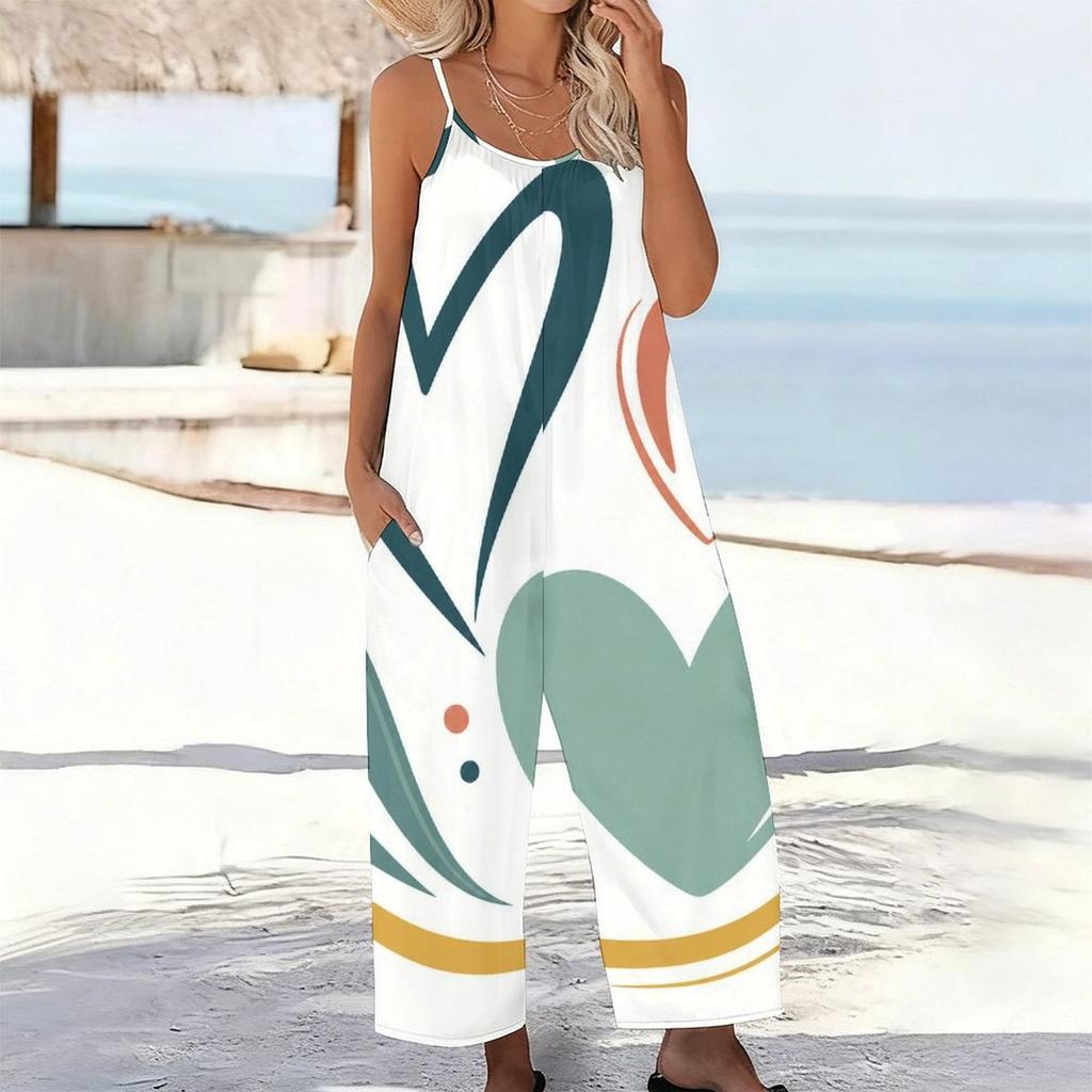 Damen Spaghettiträger Jumpsuit Moderner Abstraktes Herz Punkt Streifen Print Weite Hosen Mit Taschen