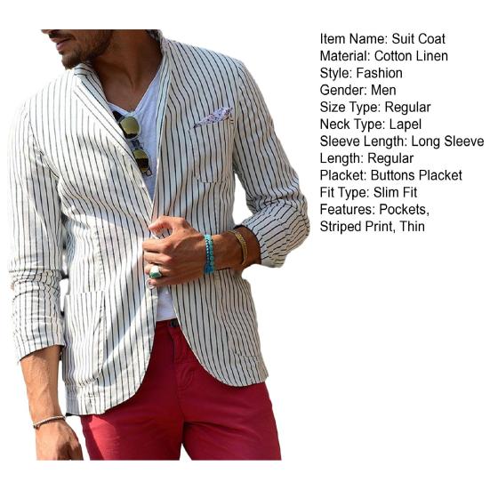 Abrigo de Traje Formal para Hombre con Solapa, Manga Larga, Estampado de Rayas, Bolsillos, Botones, Tapeta