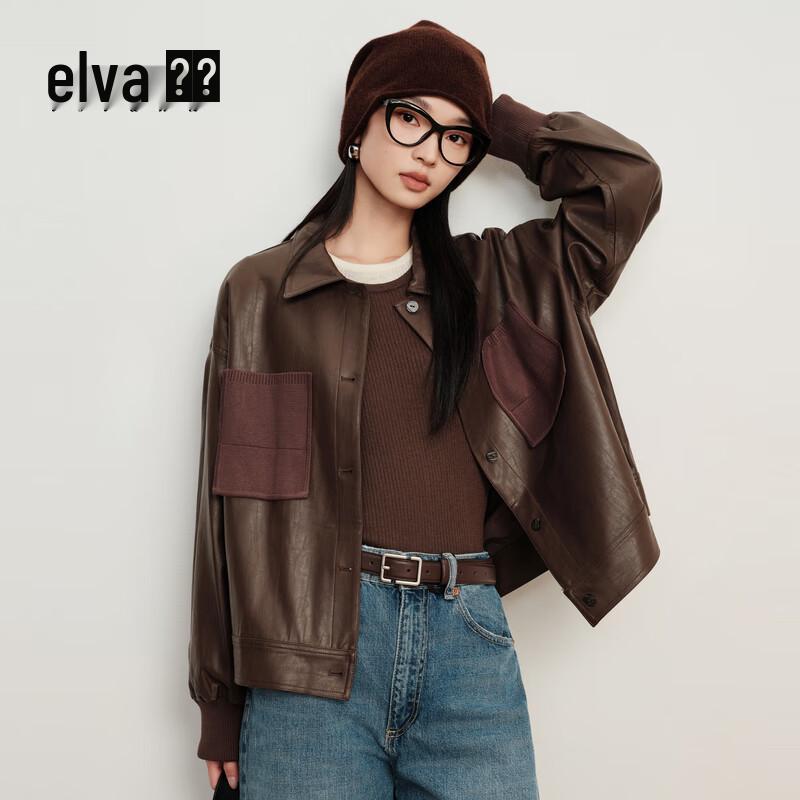 

Elva Island Women s Retro Brown PU Leather Jacket L