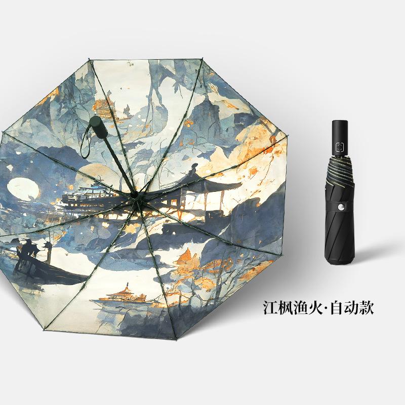 New automatic Guochao antique folding vinyl sunscreen parasol umbrella