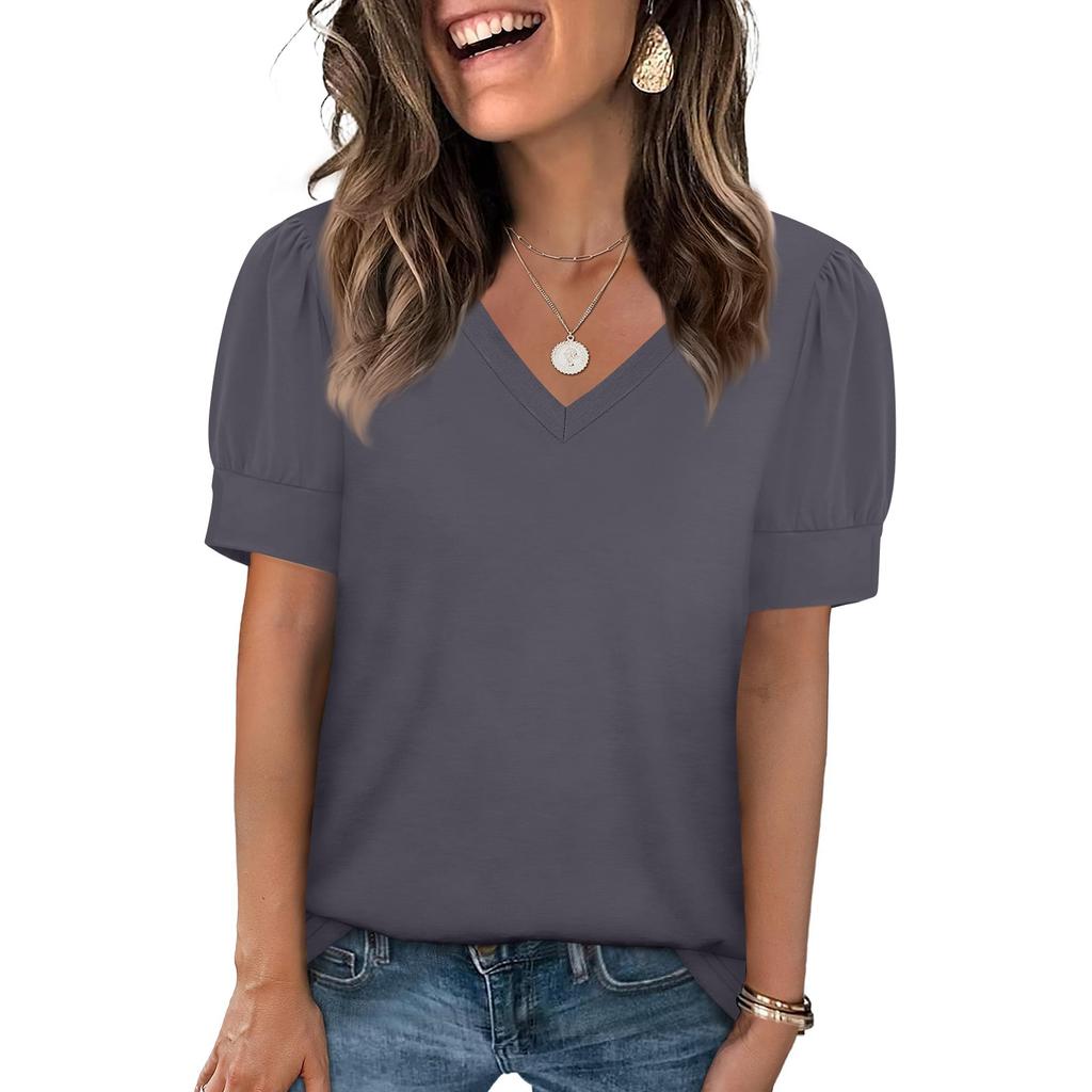 Women's Fashion Casual V- Neck Short Sleeve Color Shirt Women's Up Tops