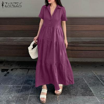 Damen Lässig Umlegekragen Sommer Kurzarm Langes Kleid