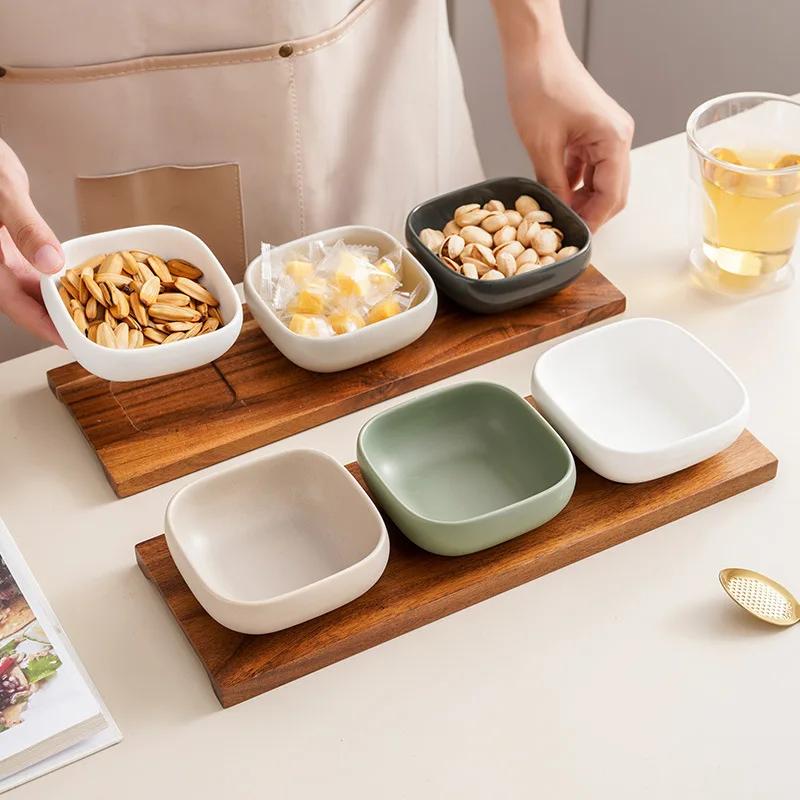 Nordic Simple Ceramic Snack Bowl 1-Piece Set Acacia Wood Tray Square Condiment Dish Set Household Kitchen Divided Sauce Dish