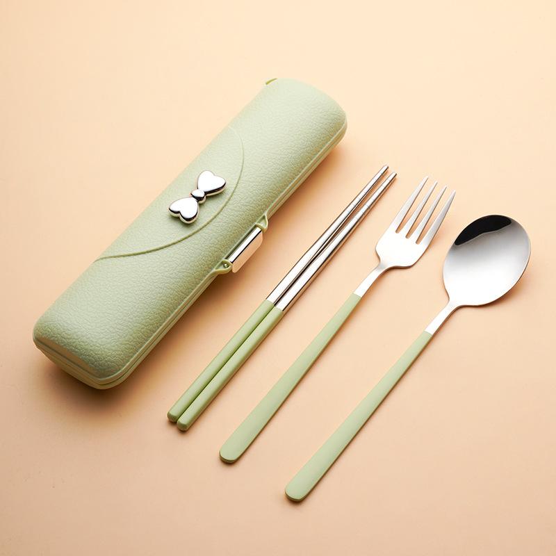 304 Stainless Steel Portable Cutlery Set: Leather Grain Bowknot Box with Korean Style Spoon, Fork, and Chopsticks.