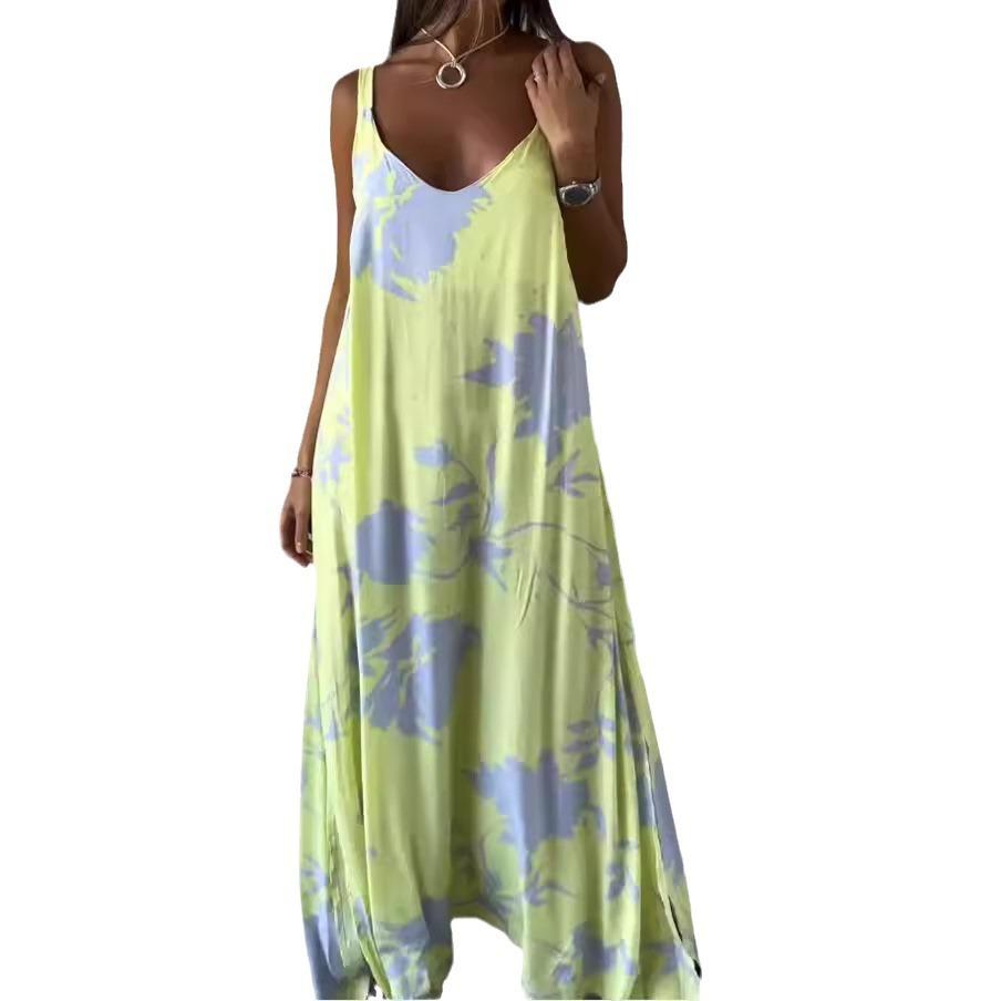 

Women s Summer Sleeveless Printed Casual Loose Suspender Long Dress XXXL жовтий