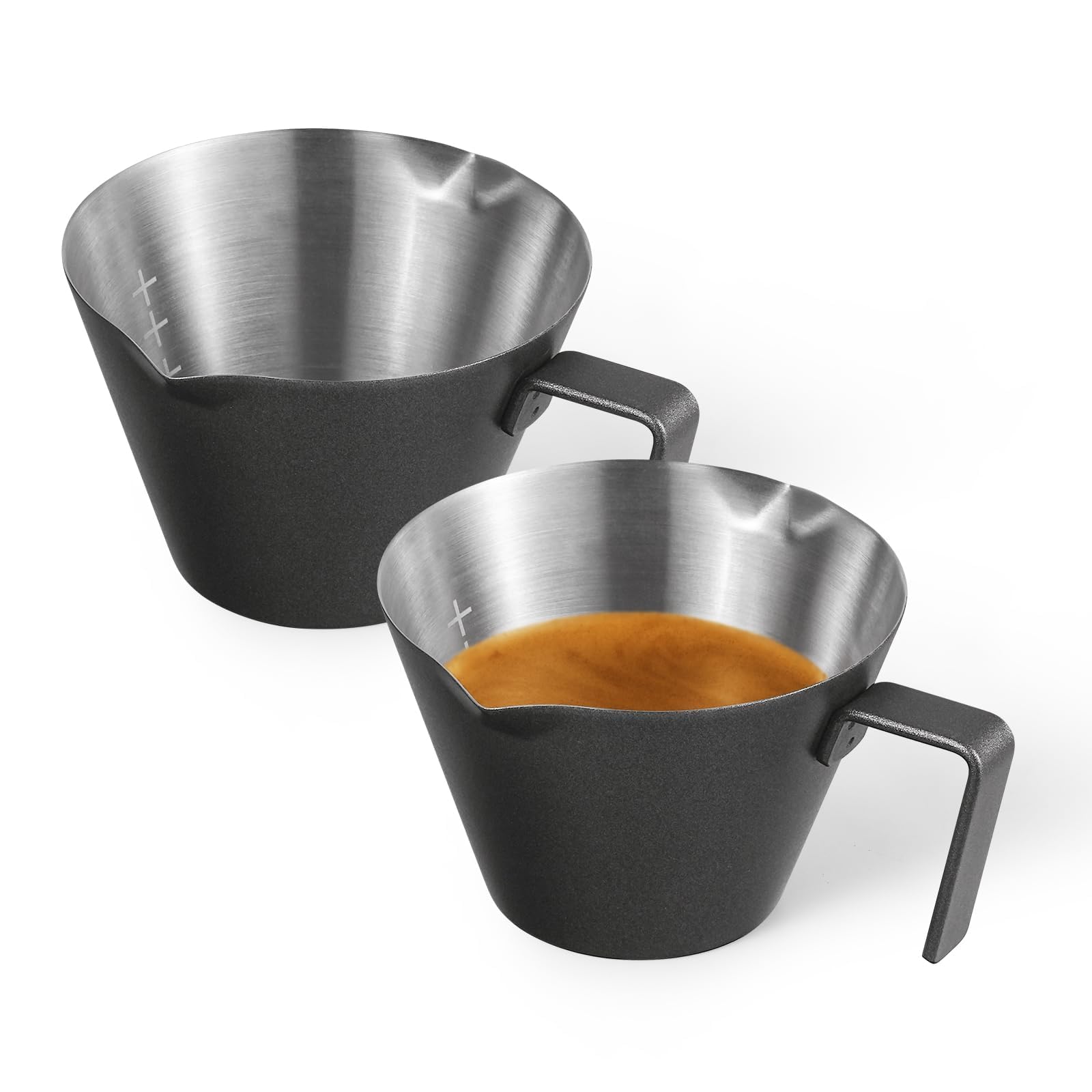 

MHW-3BOMBER Espresso Shot Cup with Two Spouts, 2oz Coffee Measuring Cup with Handle, 2-Pack Stainless Steel Measuring Cup (Matte Black) G6201B-OS