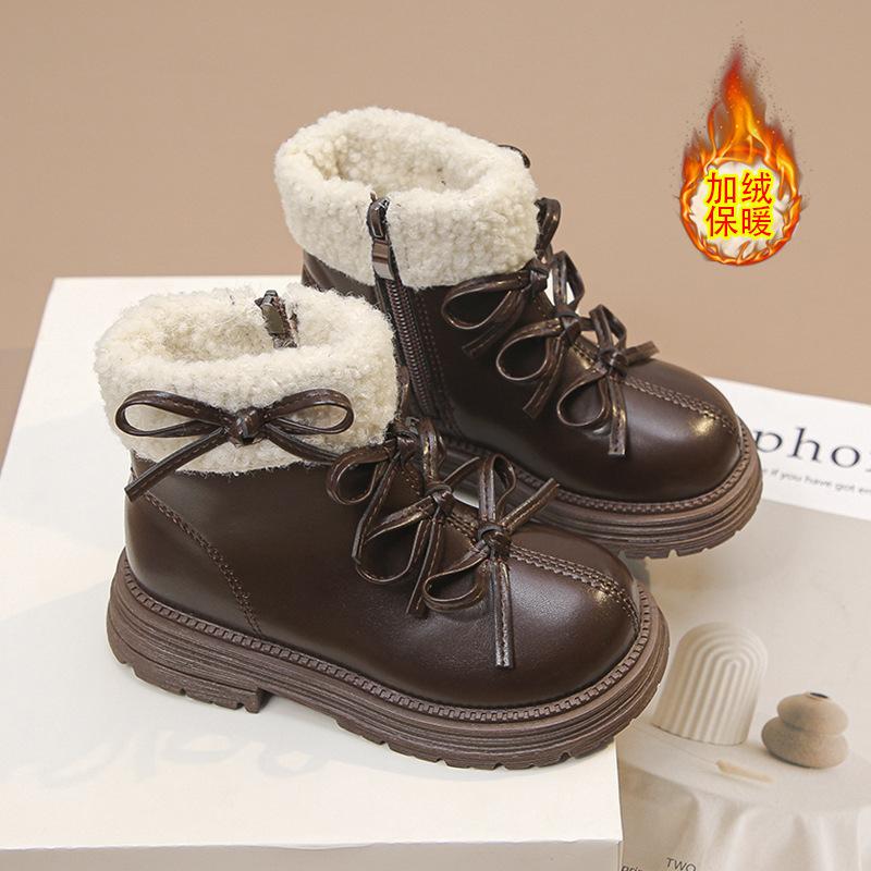 Girls' Velvet 2025 Martin Boots Korean Version Bow Fluffy Short Boots Medium and Older Children's Cotton Boots Thick-soled Princess Style Boots