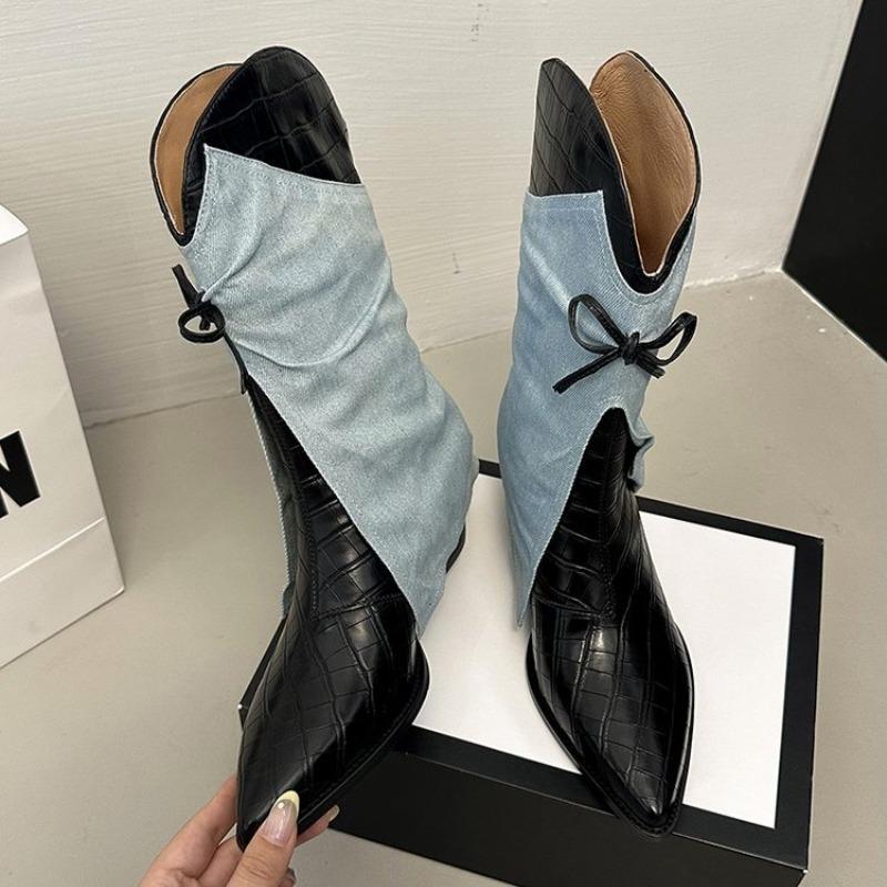 

Осень/Зима 2025 Новые Остроносые Ботильоны Ковбойские Ботинки Европейские Американские Женские Челси На Плоской Подошве До Середины Икры Ботинки-Юбки 40 джинсовый