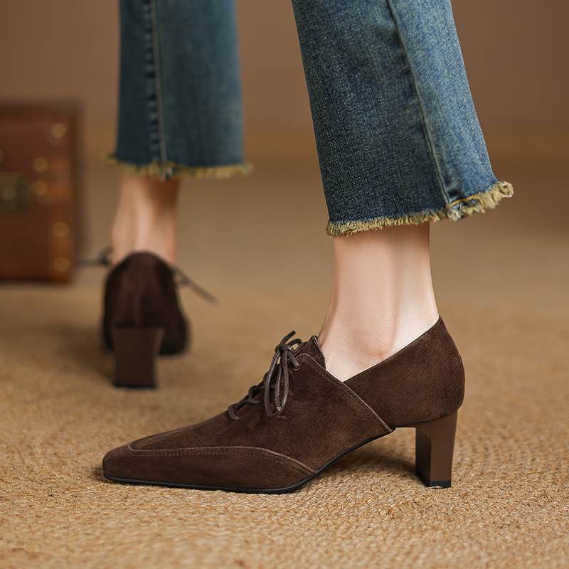 Krazing Pot Sheep Suede Autumn Winter Shoes Stiletto Med Heels Lace Up Size 43 Size 42 Pointed Toe Deep Mouth Pumps