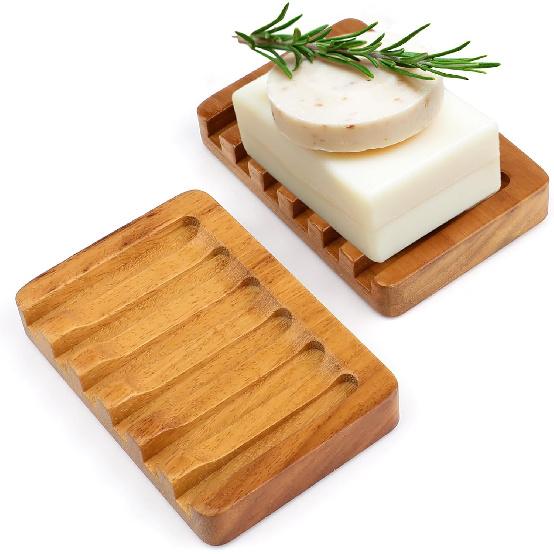 2 Pack Self Draining Teak Wood Soap Dish Holder,Teak Soap Dish for Bathroom,Shower,Kitchen Sponges,Soap Saver Tray with Non Slip Base,Extend Soap