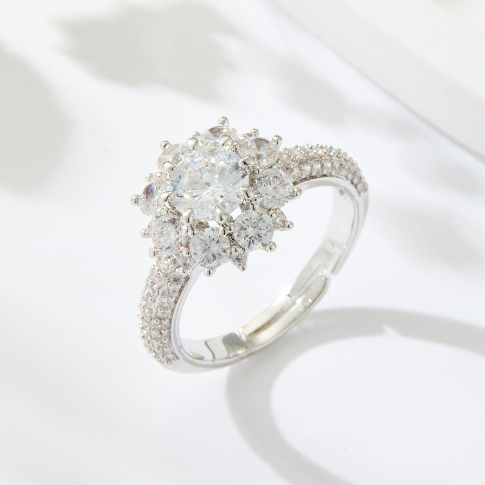 Luxury Full Zirconium Three-dimensional Flower Opening Ring Daily Versatile High-grade Copper Alloy Zircon Adjustable Ring