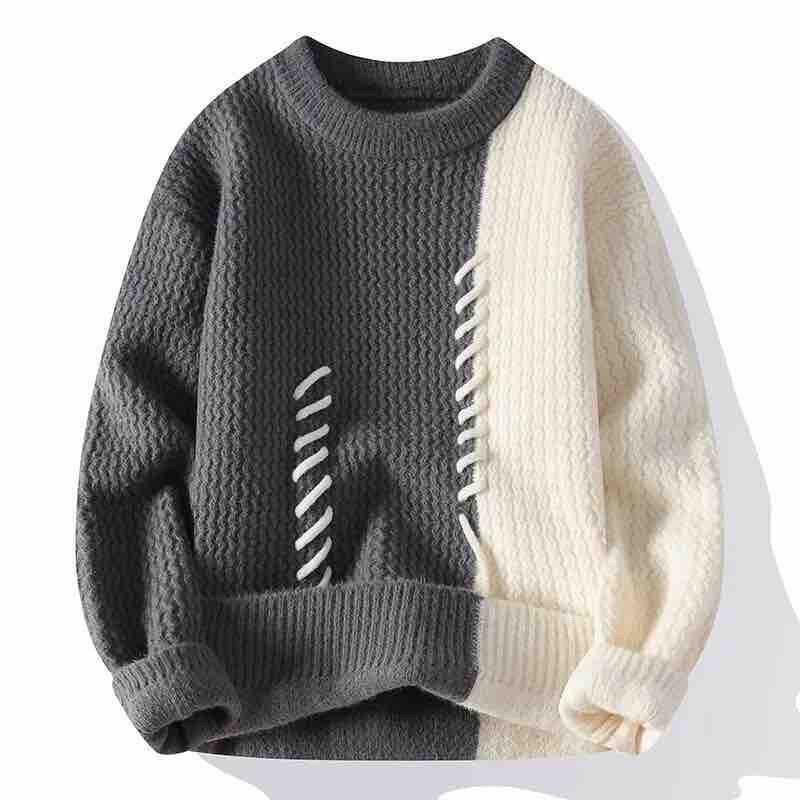 Herbst Winter Herren Pullover O-Ausschnitt Patchwork Kontrastfarbe Koreanischer Trend Mode Verdicken Warm Pullover Langarm Gestrickte Oberteile
