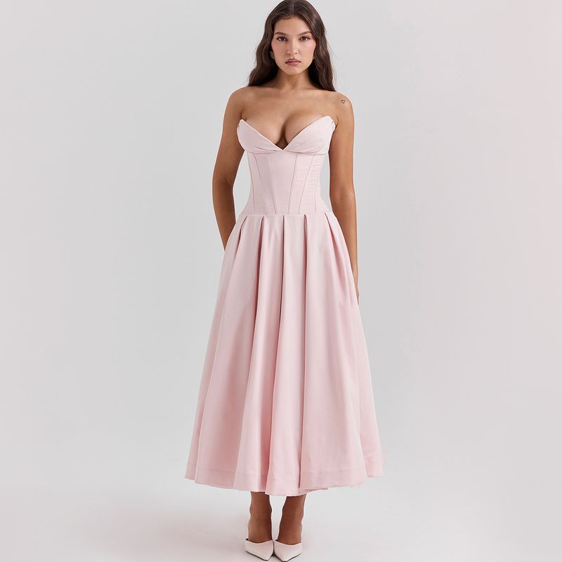Fall 2024 New Arrival Graceful Tube Top Swing Long Formal Dress V Sharp Angle Fishbone Cinched Waist Slim-Fit Dress