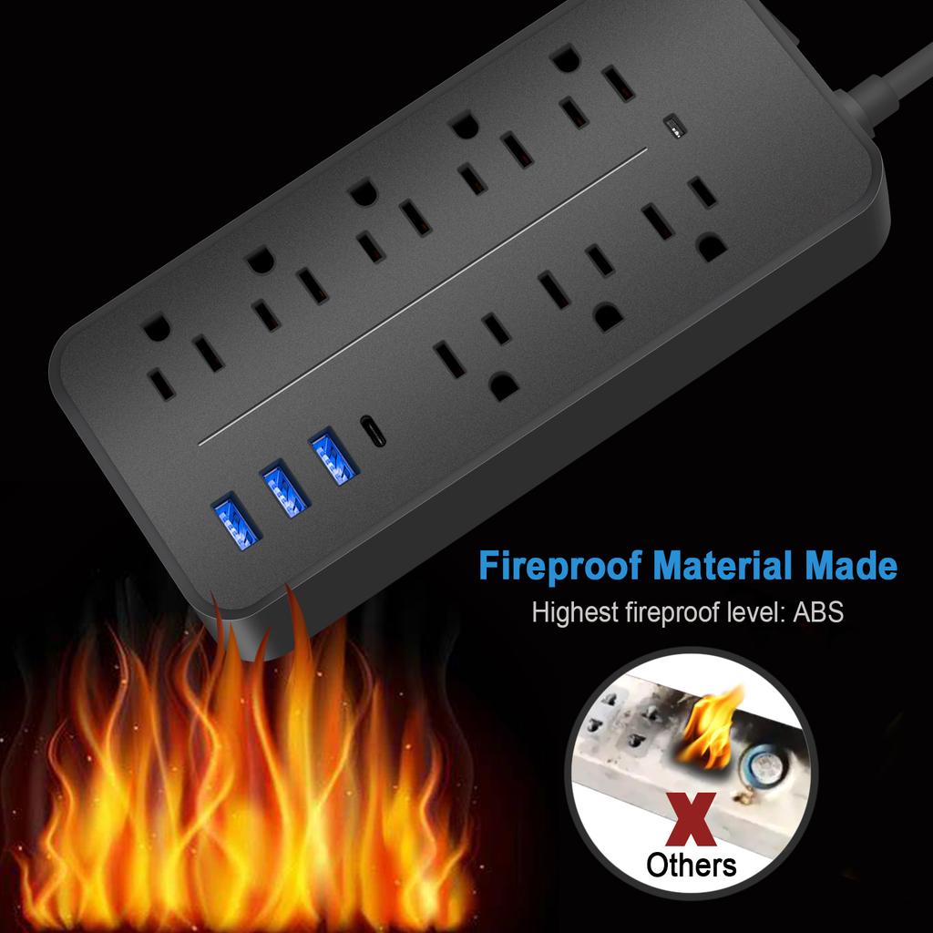 Fast Charge Power Strip, 4 Outlets & 4 USB (2 Type-C) with 10ft Extension Cord & Surge Protection for Multiple Devices