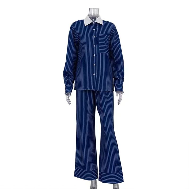 

French style New Contrast Color Stripe Lapel Shirts Trousers Set Striped Shirt and Pants Set Blue L