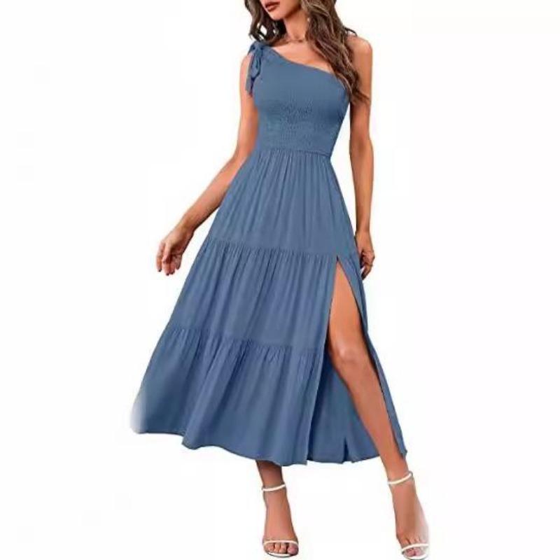 Summer Women's Dress One Shoulder Drawstring Layered Hem Split Dresses