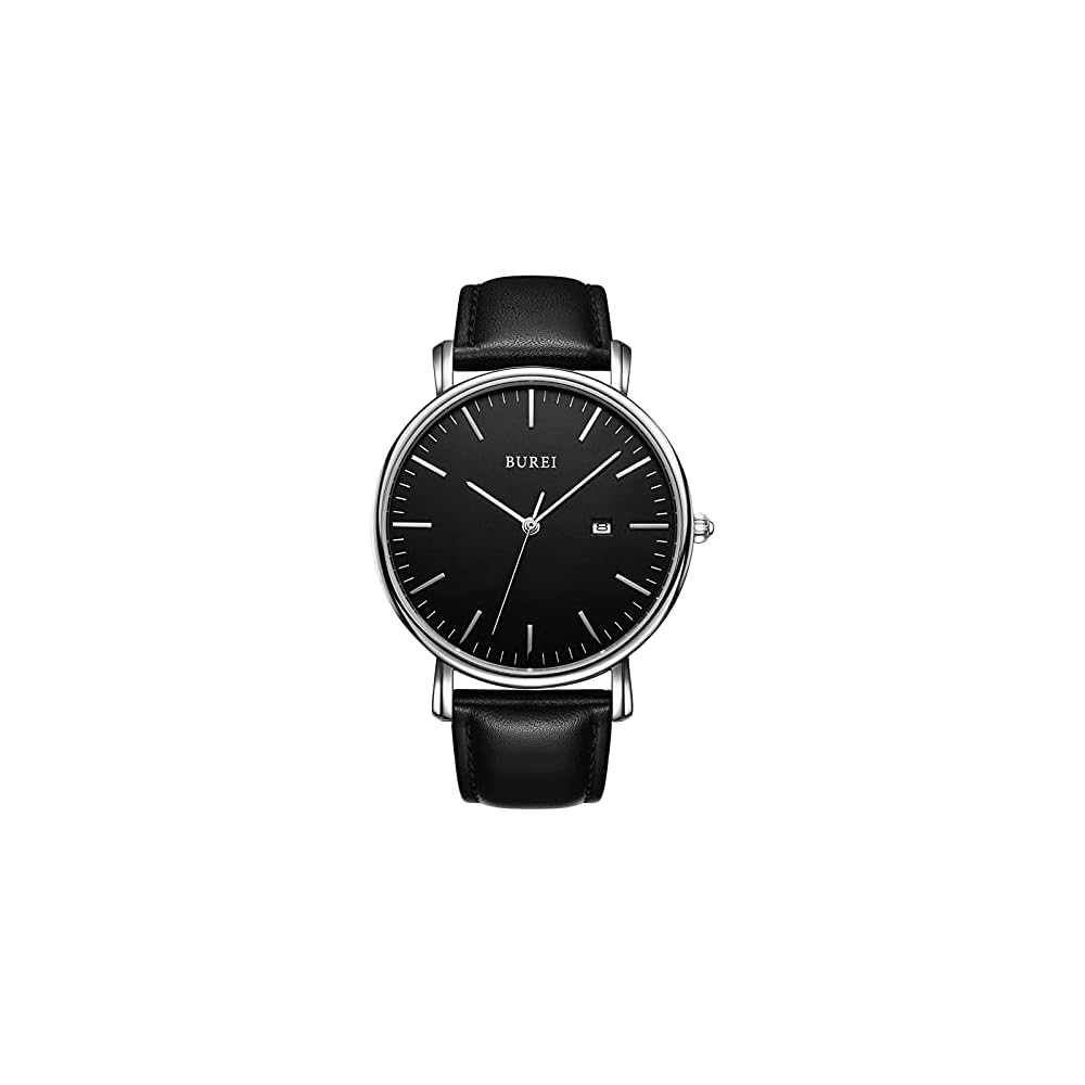 BUREI Men s Analog Watch Black Leather Waterproof Simple Design Silver Shell Timepiece