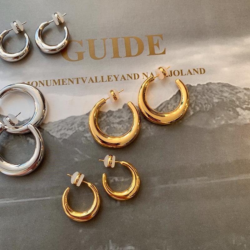 Gold-Electroplated C-Shaped Earrings for Women - Elegant Luxury, Simple and Large Circle Design