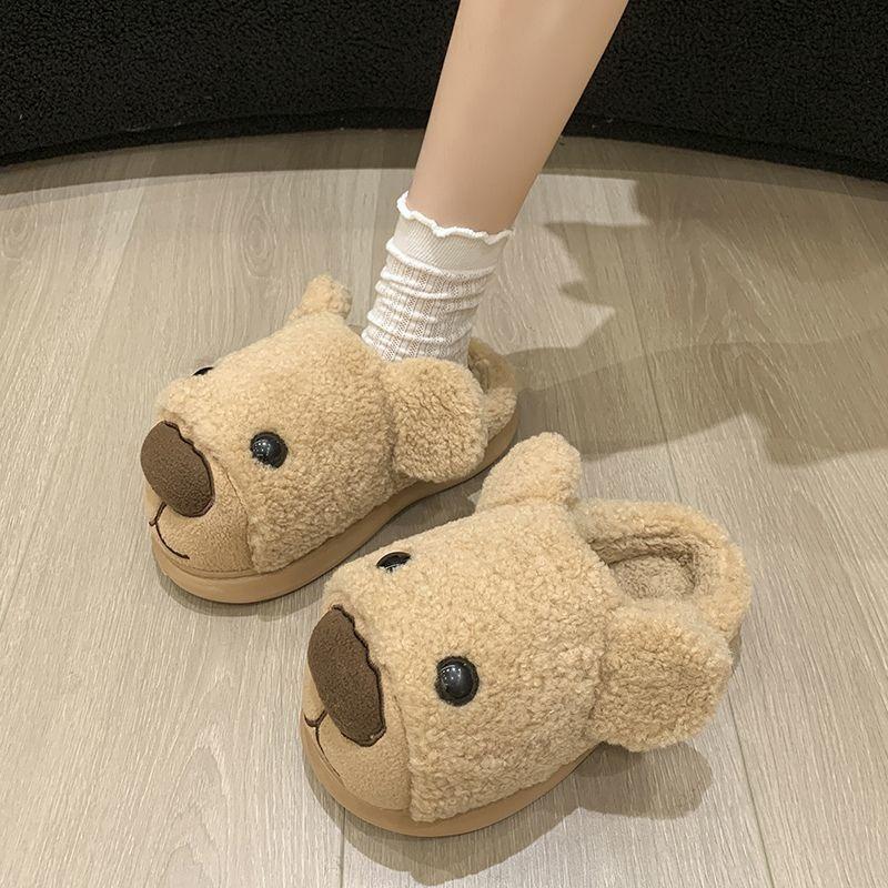 Wear versatile thermal bag head slippers outside the home for women, autumn and winter new cute cartoon bear plush slippers for women