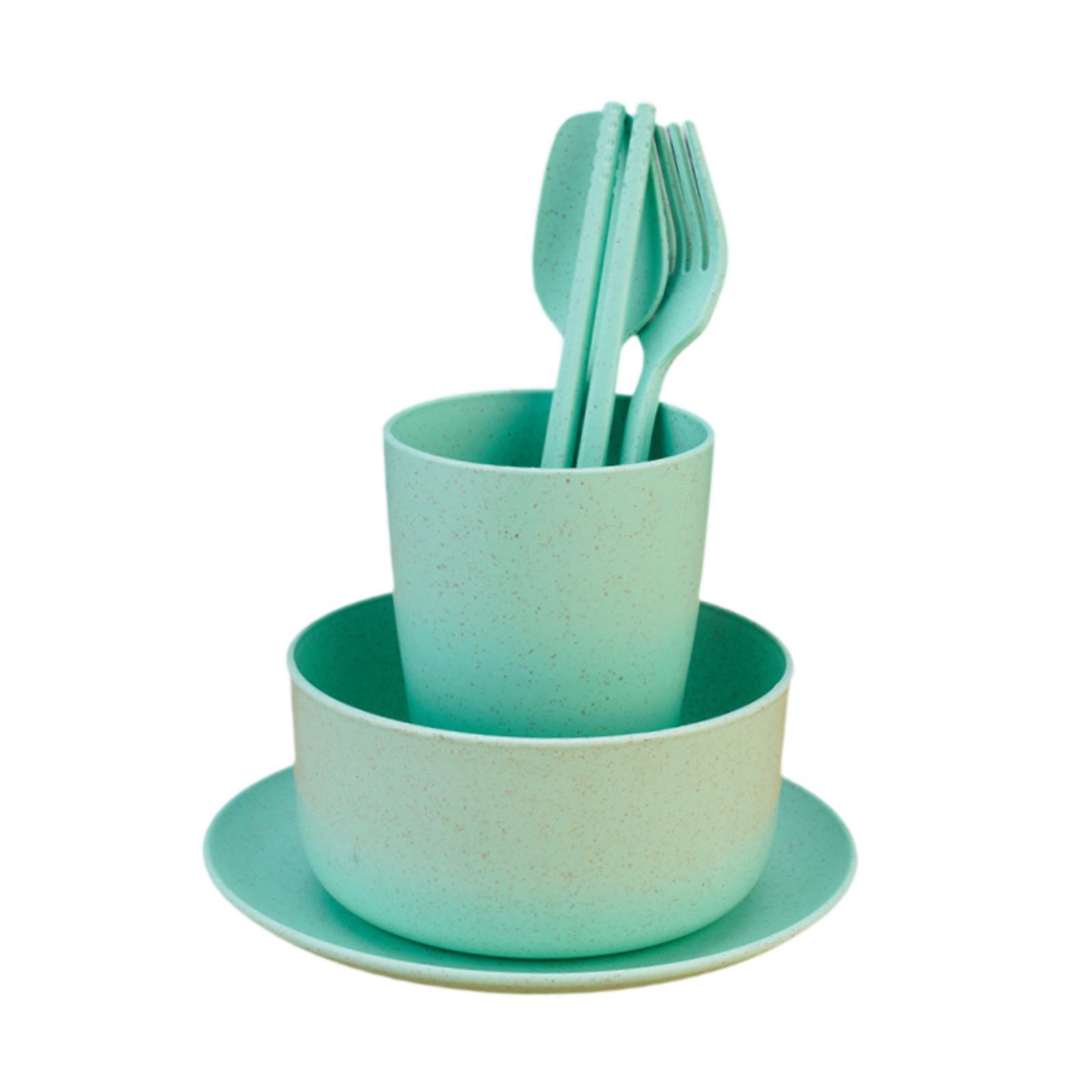 

6 шт. многоразовый набор столовых приборов из соломы детский набор столовых приборов, палочки для еды небьющиеся тарелки и миски набор для пикника кемпинга зелёный