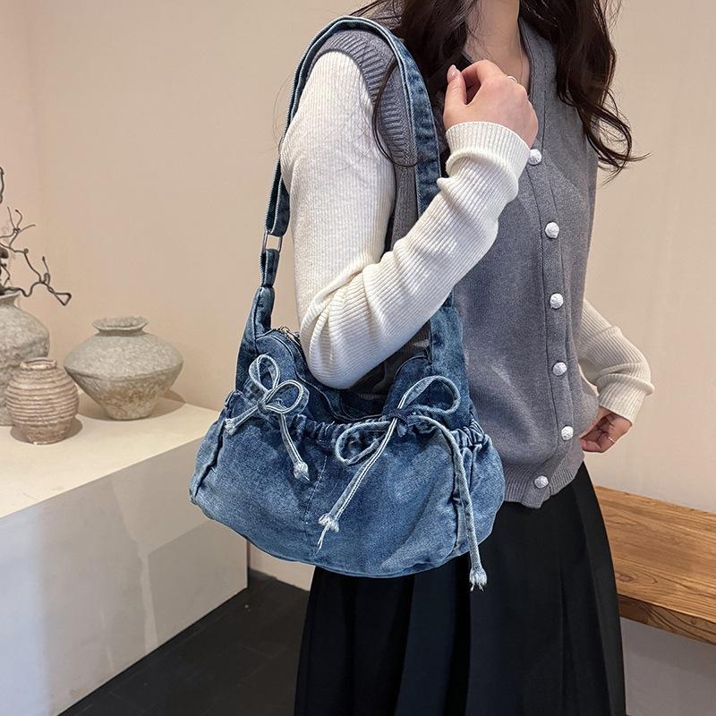 Vintage Bow Washed Denim Shoulder Bags for Women Versatile Large Capacity Ladies Crossbody Bag Lightweight Casual Tote Handbag