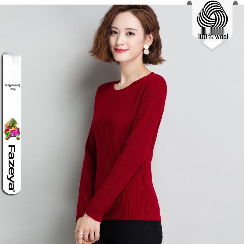 Hengyuanxiang Women's Pure Wool Round Neck Sweater - Solid Color Casual Knitwear for Spring, Autumn, and Winter