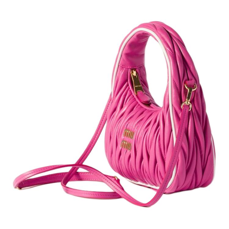 MIU MIU Wander Series Logo Falten-Design Nappaleder Schulter-Crossbody-Tote-Tasche Damenhandtaschen Kirschrot Weiß 5BC125_2IBS_F0F6W_V_OOF