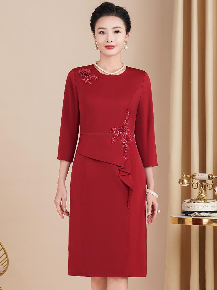 2025 Weinrot Frühling Formelles Kleid für Damen - Elegante Hochzeits- oder Bankettkleidung für Mütter und zierliche Schwiegermütter