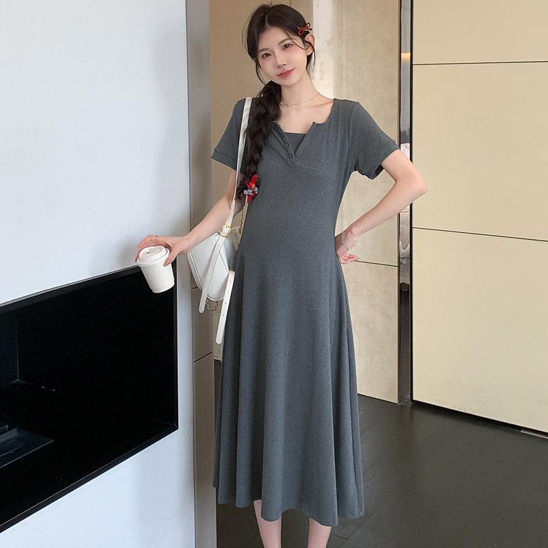 2026 Summer Short Sleeve Loose Maternity Dress - Sweet & Trendy French Style for Moms XL