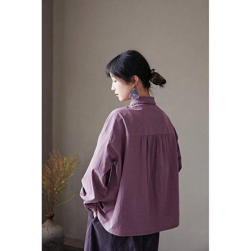 Retro Ash Purple Loose Winter Shirt with Small Lapel