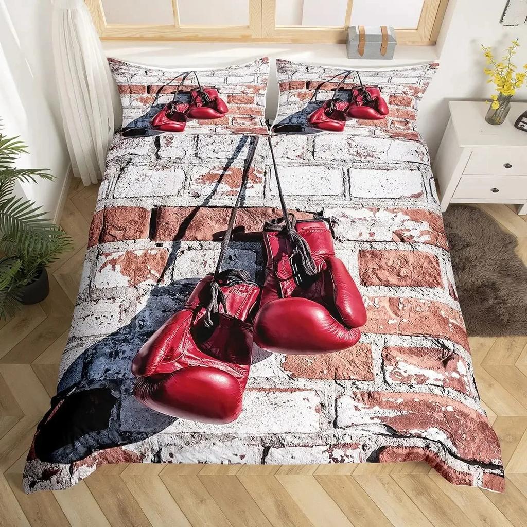 Adult Boxing Duvet Cover Set Queen,Sports Games Theme Bedding Sets Boxing Gloves Quilt Cover,Athlete Silhouette Comforter Cover