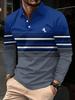 Stylish long-sleeve striped polo with horse logo, casual.