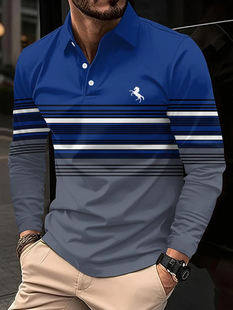Stylish long-sleeve striped polo with horse logo, casual.