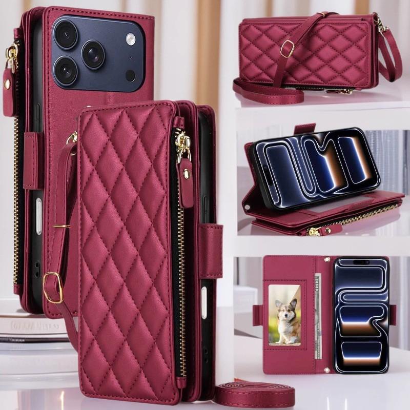 IPhone 17E 16 18 Pro Max Grid 9 Card Slot Crossbody Zipper Wallet Phone Case