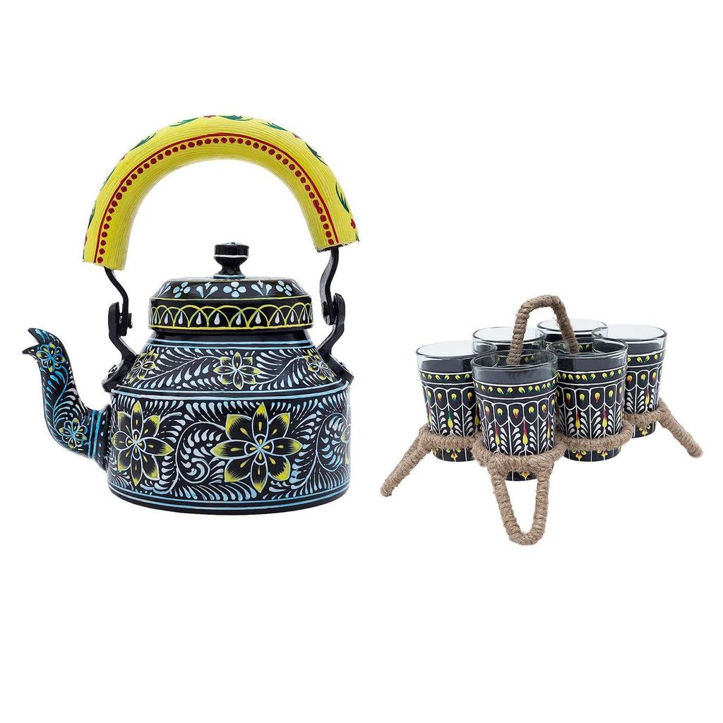 Handcrafted & Handpainted Multicoloured Aluminium Tea Kettle Pot and 6 Glasses with Stand (Black, Yellow, White)