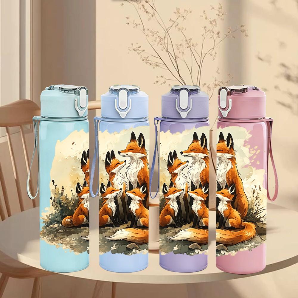 1 Stück Fuchswild Herbstwald Szene Druck 750ml Farbe Kunststoff Sport Wasserflasche Auslaufsicher Klappdeckel mit Strohhalm Geeignet für Sport Büro Heimgebrauch