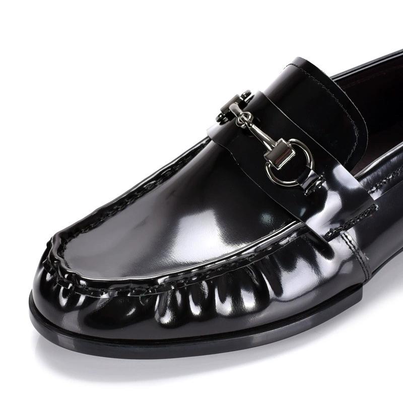 Fashion Black Genuine Leather Men's Shoes Loafers Pointed Toe British Design Horse Collar Buckle Lazy Patent Leather Dress Shoes