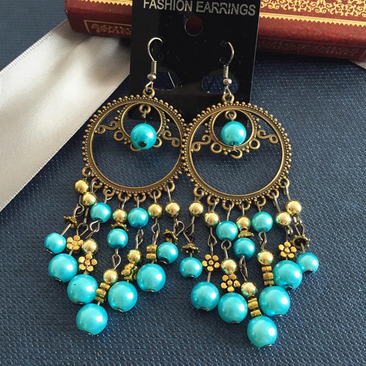 Vintage Celebrity Earrings Fashion Exaggerated Bohemian Tassel Pearl Bronze Long Beaded Earrings