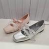 Fashion Ballet Silver Flats Spring Mary Jane Shoes Small Square Bow Flat Shoes Lazy Slip-on Single Shoes Soft Sole Comfort Dress Pumps